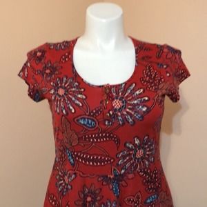 Chaps Red Floral Boho Maxi Dress Short Sleeves Scoop Neck 100% cotton Large